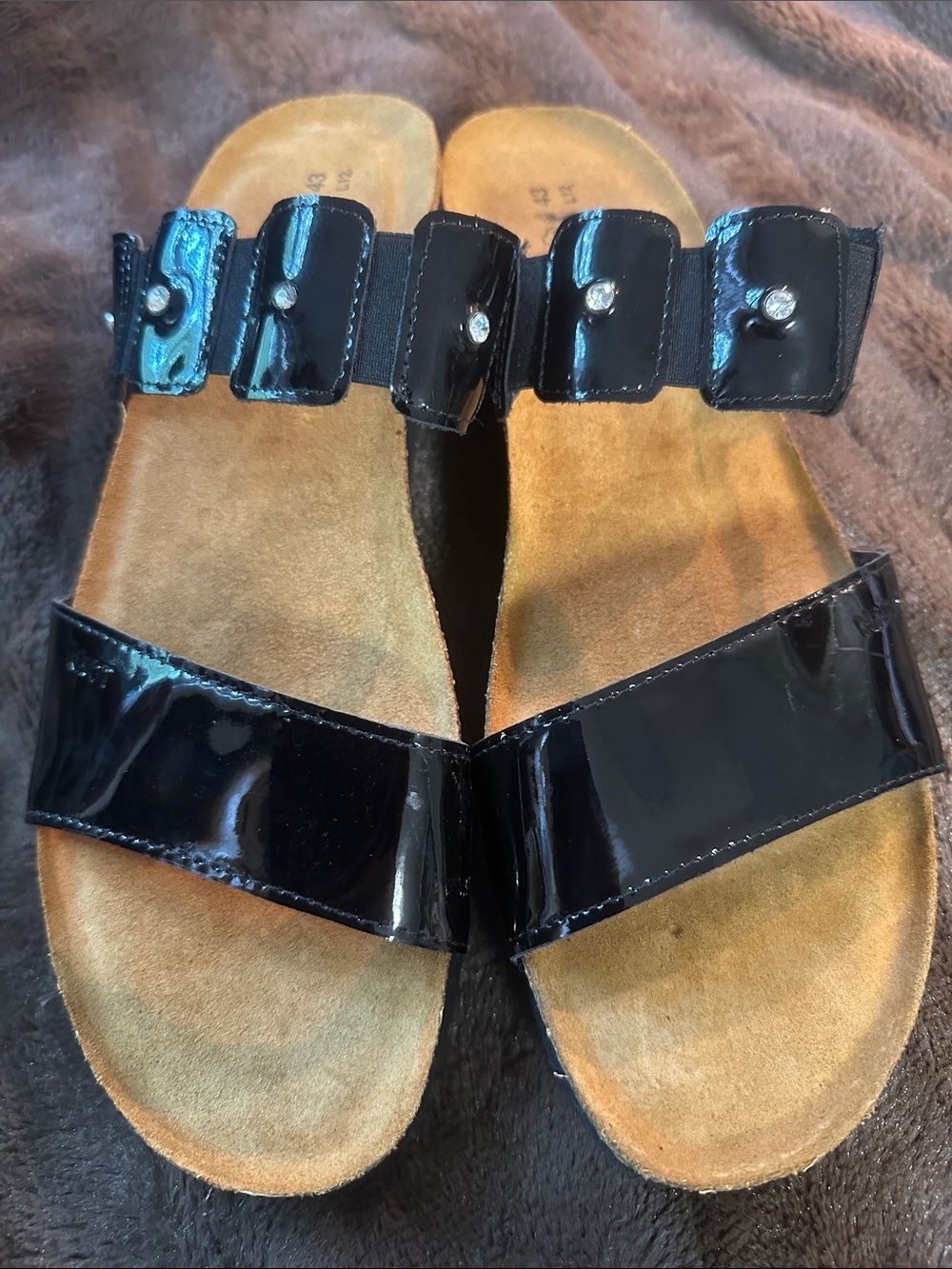 Naot Black Patent Double Buckle Slide Sandals